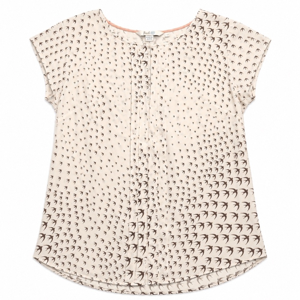 Boden Womens Cream Bird Swallow Print‎ Pleated Front Cap Sleeve Blouse Top US 4R